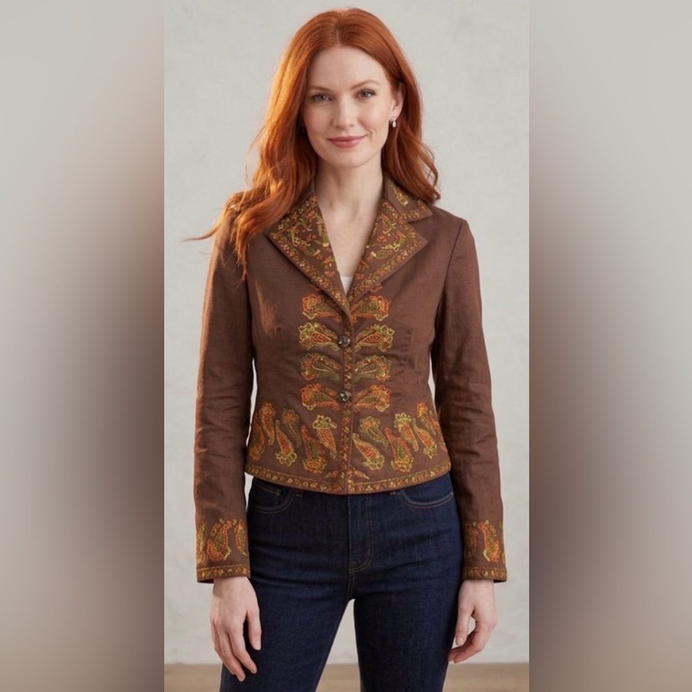 PICASSO Boho Brown Orange Green Paisley Embroidered 2 Button Crop Jacket Small